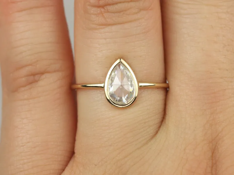Ready to Ship Pandora 8x5mm 14kt Yellow Gold Forever One Rose Cut Moissanite Bezel Pear Solitaire Ring view 4
