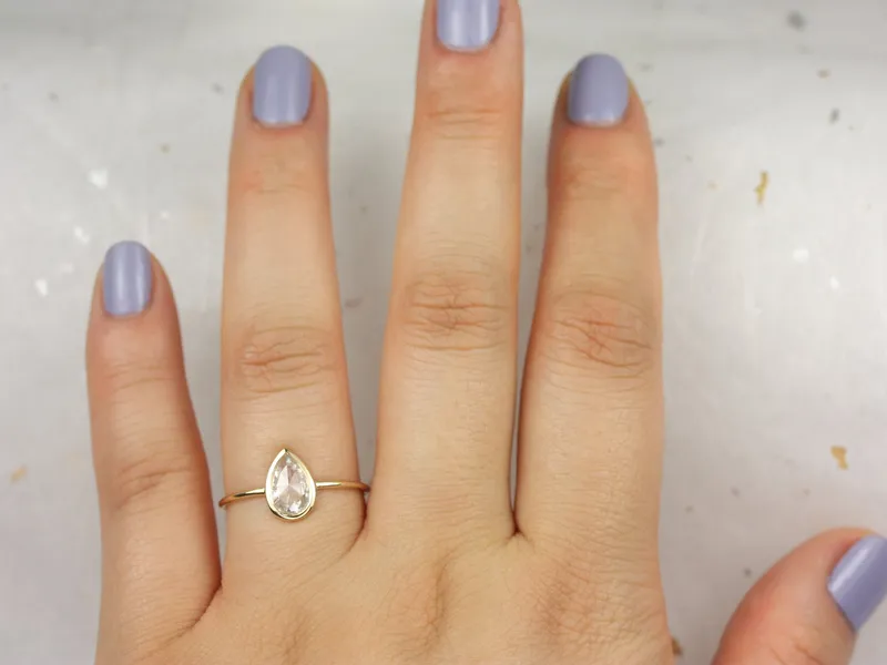 Ready to Ship Pandora 8x5mm 14kt Yellow Gold Forever One Rose Cut Moissanite Bezel Pear Solitaire Ring view 5