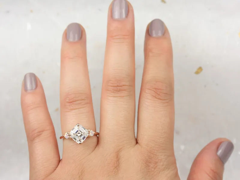 2.20cts Maxine 8mm 14kt Rose Gold Moissanite Moonstone Round Dainty 3 Stone Asscher Engagement Ring view 4