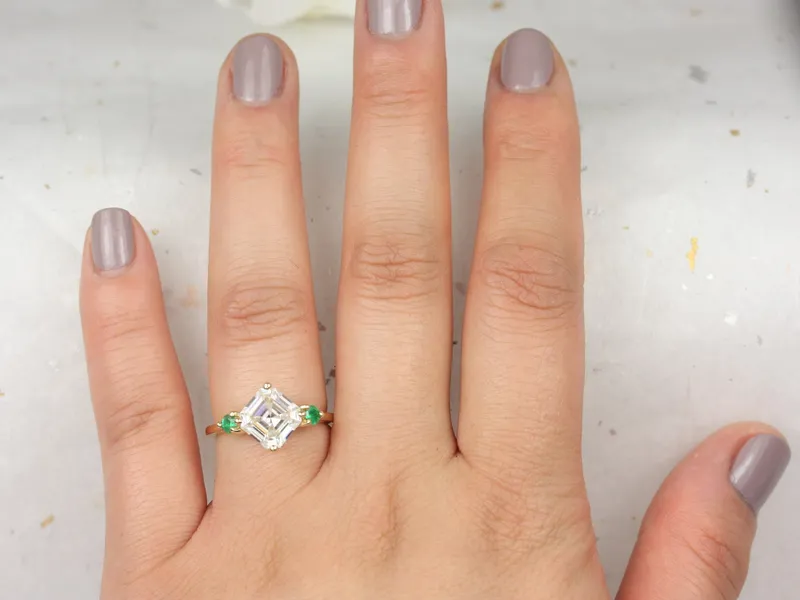 2.20cts Maxine 8mm 14kt Gold Moissanite Green Emerald Dainty 3 Stone Asscher Engagement Ring view 4