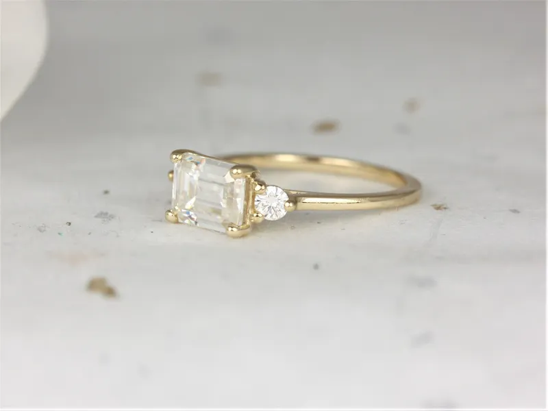 Ready to Ship 1.75cts Saint 8x6mm 14kt WHITE Gold Forever One Moissanite East West Horizontal 3 Stone Minimalist Emerald Engagement Ring vy 3