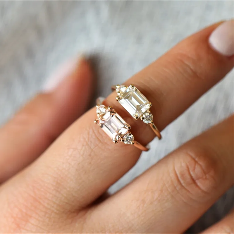 1.75cts Saint 8x6mm 14kt Gold Moissanite East West Horizontal 3 Stone Emerald Engagement Ring emerald emerald cut engagement ring