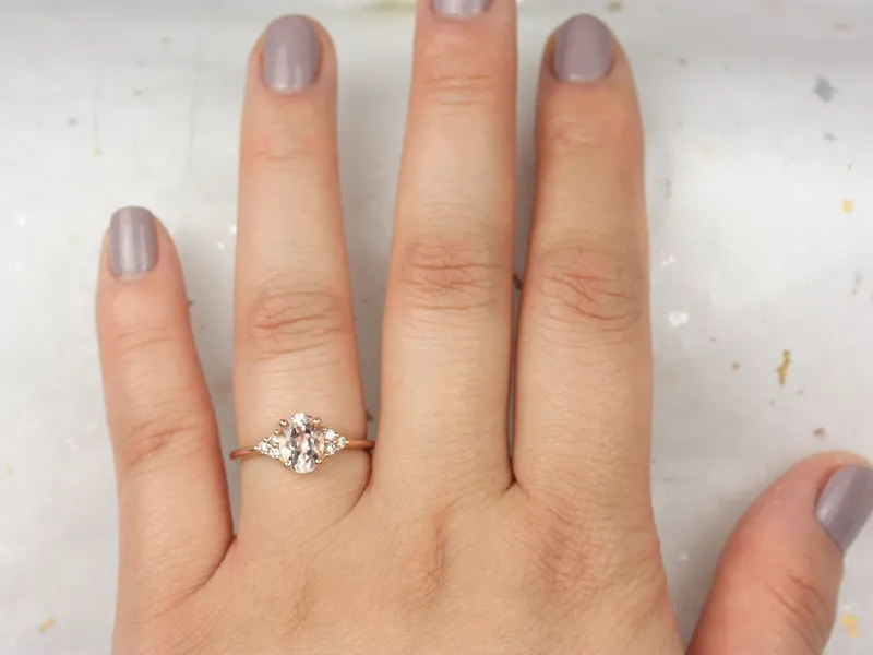 Juniper 8x6mm 14kt Rose Gold Morganite Diamond Three Stone Oval Engagement Ring,Dainty Morganite Cluster Ring,Anniversary Gift view 5