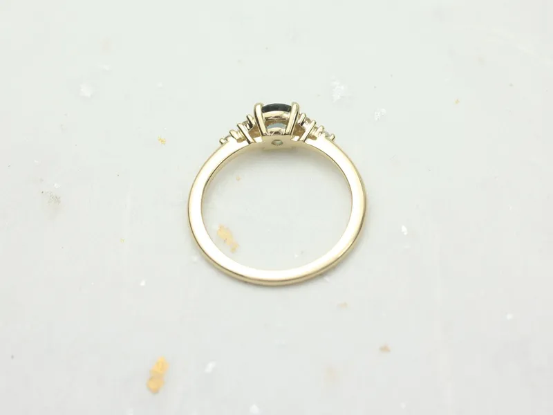 0.85ct Ready to Ship Malia 14kt Gold Ocean Teal Sapphire Diamonds Dainty 3 Stone Cluster Ring view 3