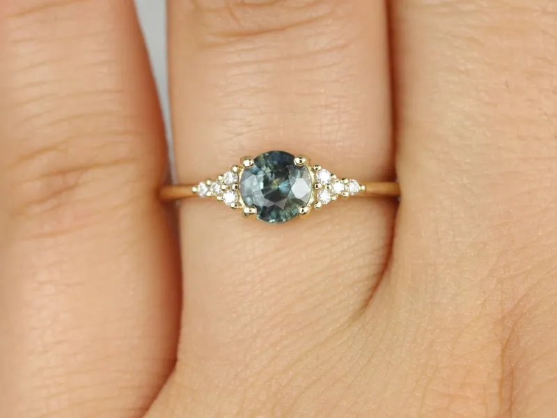 0.85ct Ready to Ship Malia 14kt Gold Ocean Teal Sapphire Diamonds Dainty 3 Stone Cluster Ring view 4