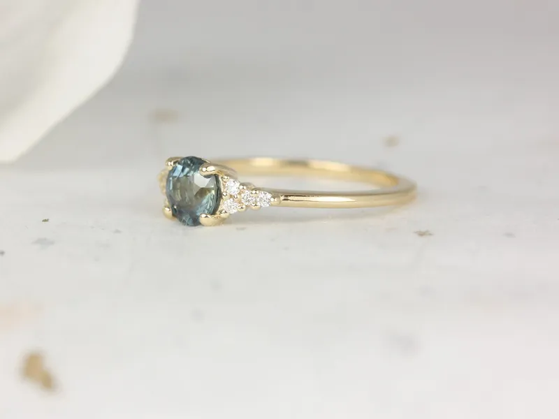0.85ct Ready to Ship Malia 14kt Gold Ocean Teal Sapphire Diamonds Dainty 3 Stone Cluster Ring view 2