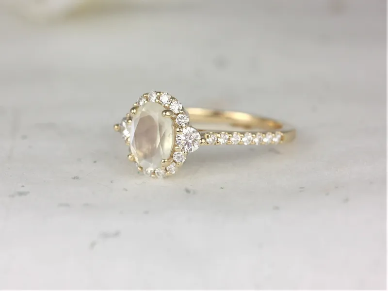 Ready to Ship Bridgette 8x6mm 14kt Gold Rainbow Moonstone Diamond Unique Oval Halo Ring view 4