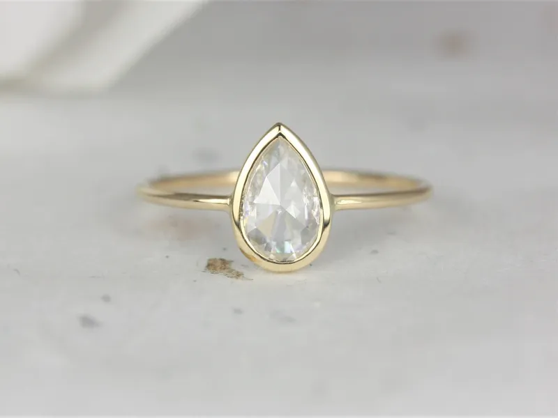 Pandora 8x5mm 14kt Gold Forever One Rose Cut Moissanite Bezel Pear Solitaire Ring, pear cut engagement ring