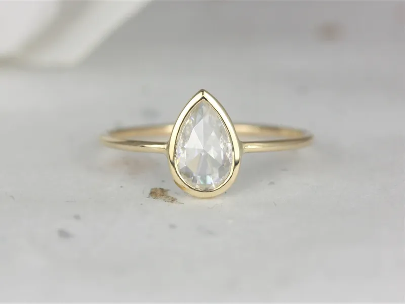 Ready to Ship Pandora 8x5mm 14kt Yellow Gold Forever One Rose Cut Moissanite Bezel Pear Solitaire Ring pear cut engagement ring