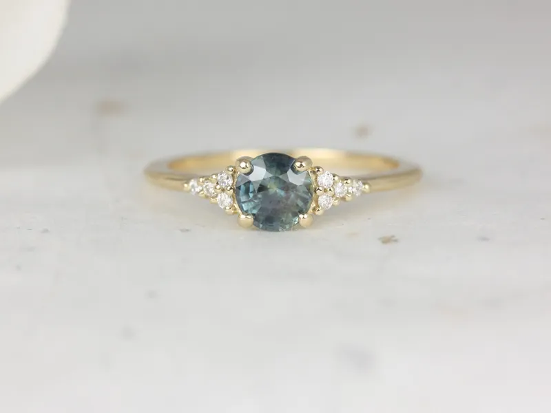 0.85ct Ready to Ship Malia 14kt Gold Ocean Teal Sapphire Diamonds Dainty 3 Stone Cluster Ring sapphire round cut engagement ring
