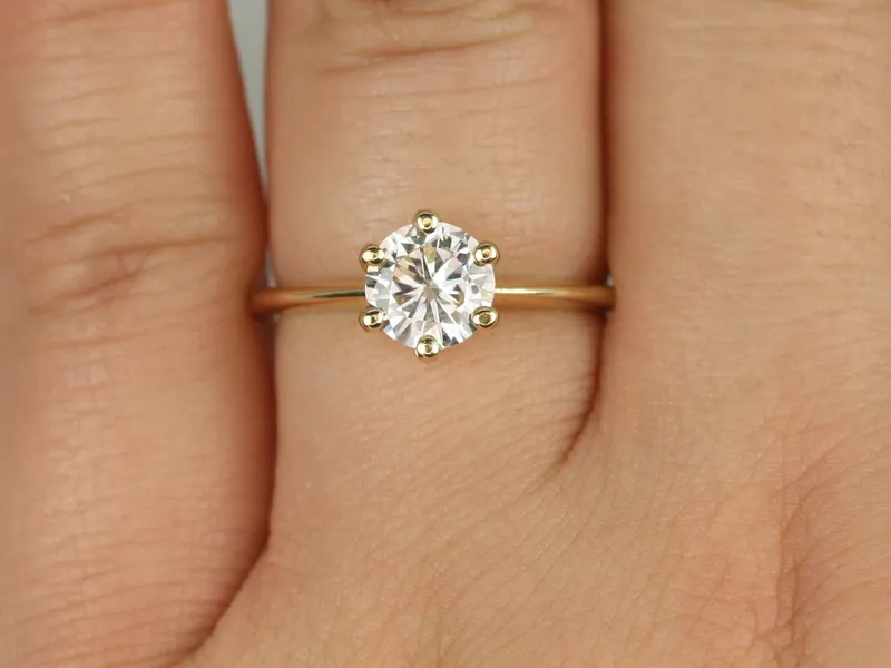 1ct SALE Ready to Ship Skinny Webster 6.5mm 14kt Gold FB Moissanite Six Prong Round Solitaire Ring round cut engagement ring