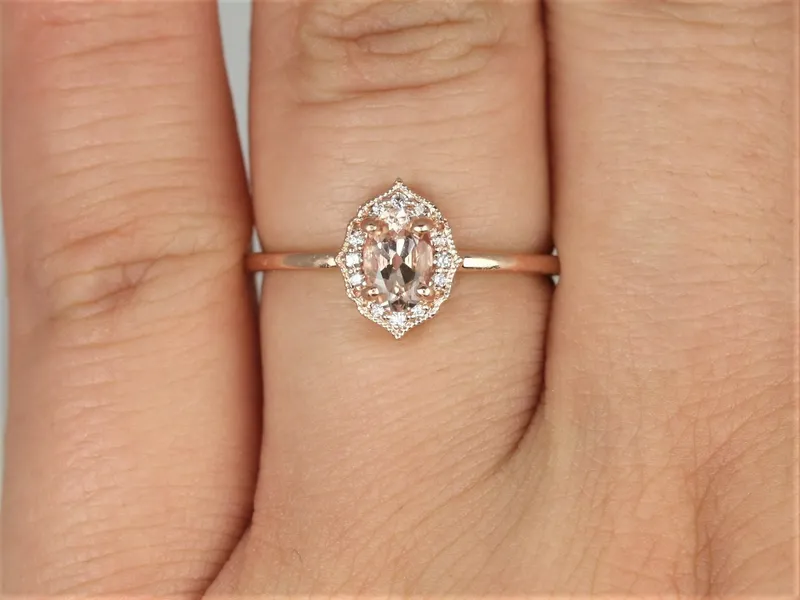 Mini Mae 6x4mm 14kt Gold Morganite Diamond WITH Milgrain Unique Oval Halo Ring pink diamond oval cut engagement ring