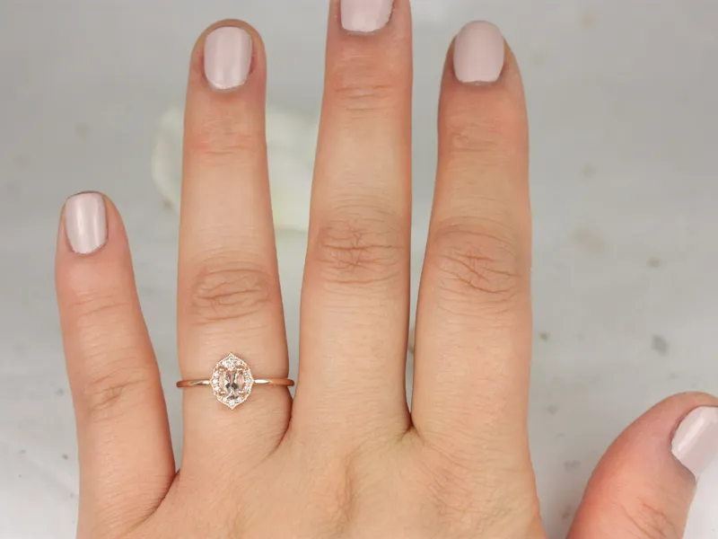 Mini Mae 6x4mm 14kt Gold Morganite Diamond WITH Milgrain Unique Oval Halo Ring view 2