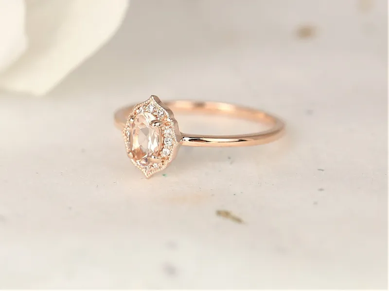 Mini Mae 6x4mm 14kt Gold Morganite Diamond WITH Milgrain Unique Oval Halo Ring view 3