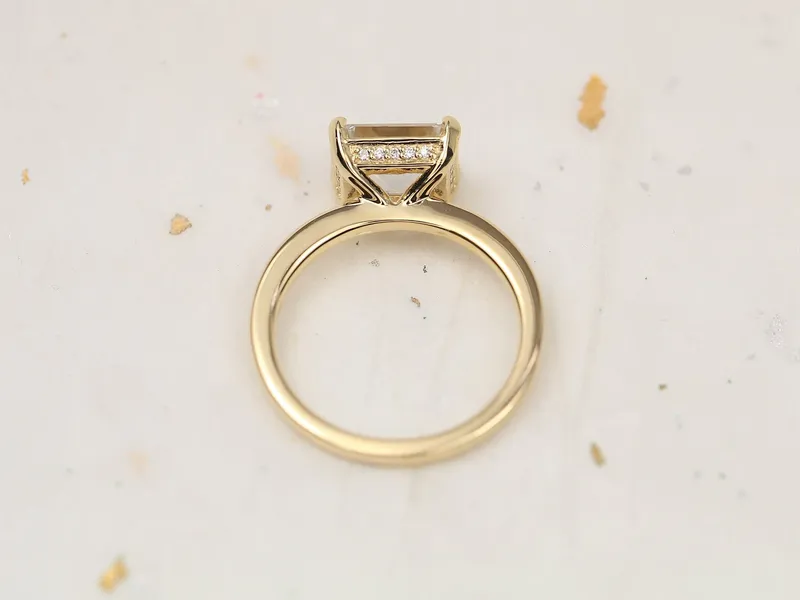 2.60ct Blanca 9x7mm 14kt Gold Moissanite Diamond Hidden Pave East West Emerald Solitaire Ring view 4
