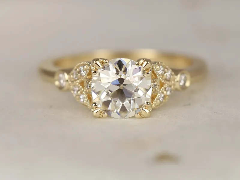 Ready to Ship Antoinette 7mm 14kt Yellow Gold Forever Brilliant Moissanite Diamonds Old Miners Dainty Art Deco Round Engagement Ring vy 3
