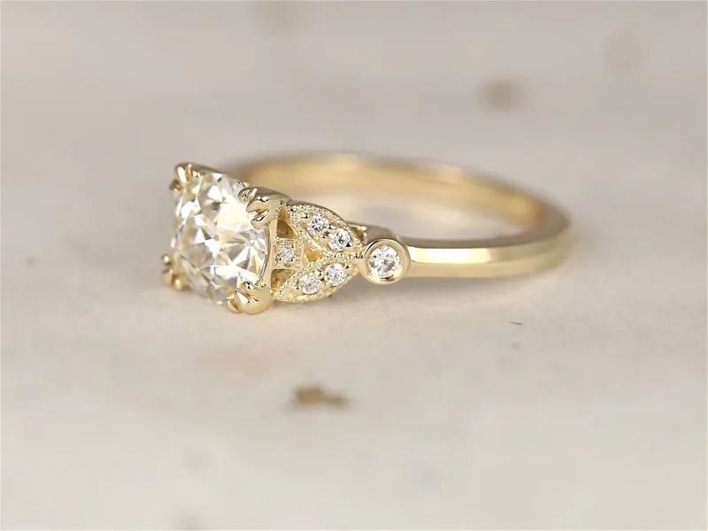 Ready to Ship Antoinette 7mm 14kt Yellow Gold Forever Brilliant Moissanite Diamonds Old Miners Dainty Art Deco Round Engagement Ring vy 4