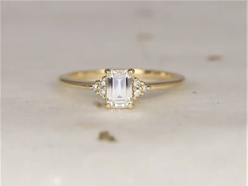 0.50ct Jada 6x4mm 14kt Solid Gold Moissanite Diamonds Emerald Cluster 3 Stone Engagement Ring view 3