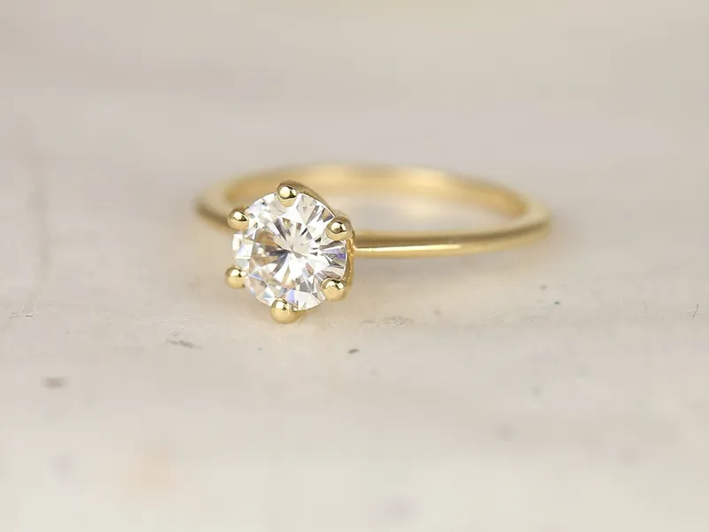 1ct SALE Ready to Ship Skinny Webster 6.5mm 14kt Gold FB Moissanite Six Prong Round Solitaire Ring vy 2