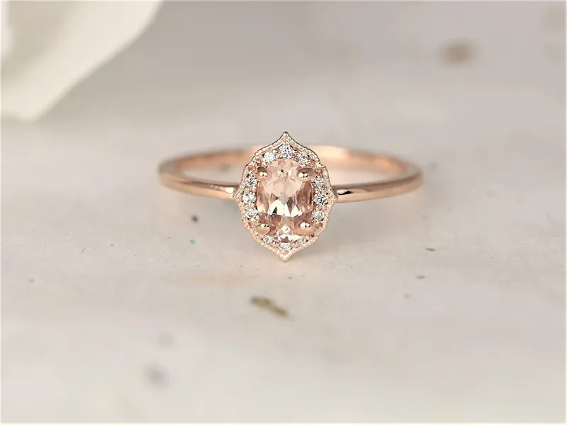 Ready to Ship Mini Mae 6x4mm 14kt Rose Gold WITH Milgrain Morganite Diamond Dainty Oval Halo Ring view 4
