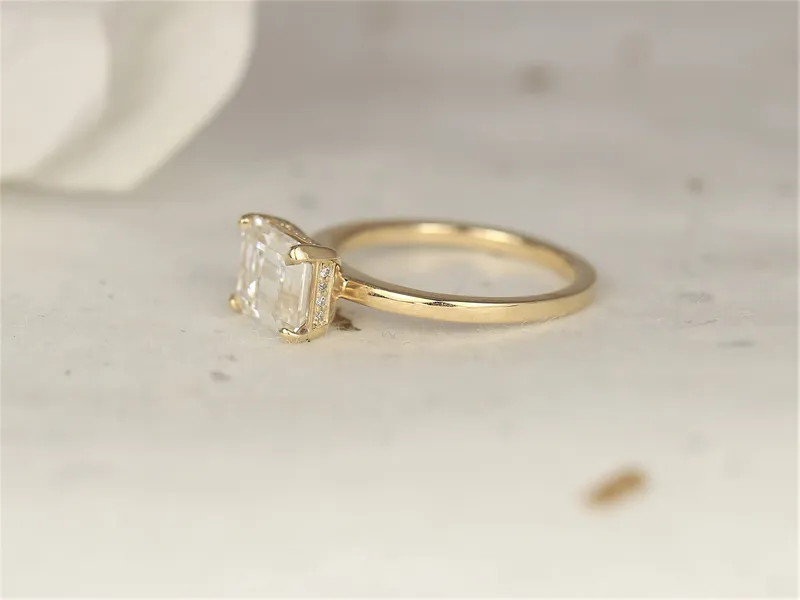 2.60ct Blanca 9x7mm 14kt Gold Moissanite Diamond Hidden Pave East West Emerald Solitaire Ring view 3