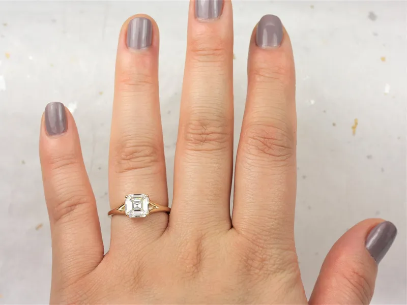 1.50cts Kenzie 7mm 14kt Gold Moissanite Mermaid Split Asscher Solitaire Ring vy 2