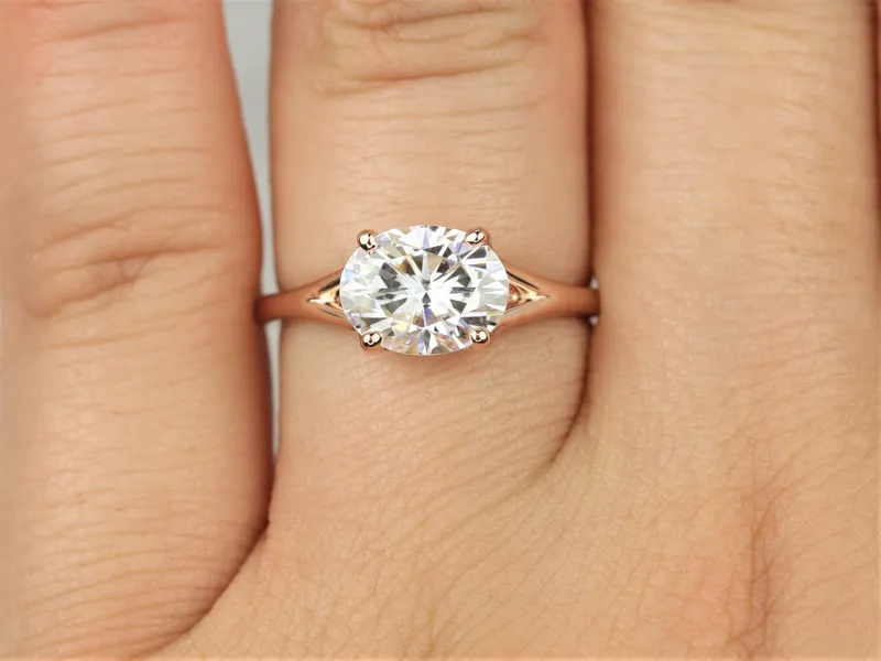 2ct Margo 9x7mm 14kt Rose Gold Moissanite Mermaid Split East West Oval Solitaire Ring view 4