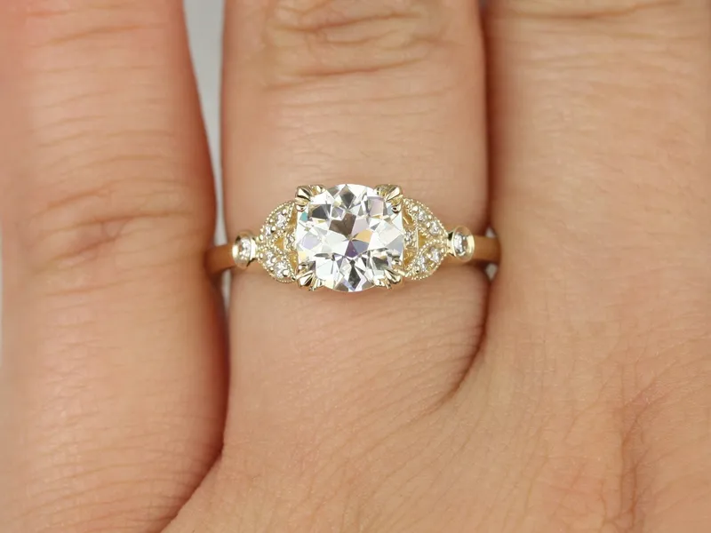 Ready to Ship Antoinette 7mm 14kt Yellow Gold Forever Brilliant Moissanite Diamonds Old Miners Dainty Art Deco Round Engagement Ring round cut engagement ring