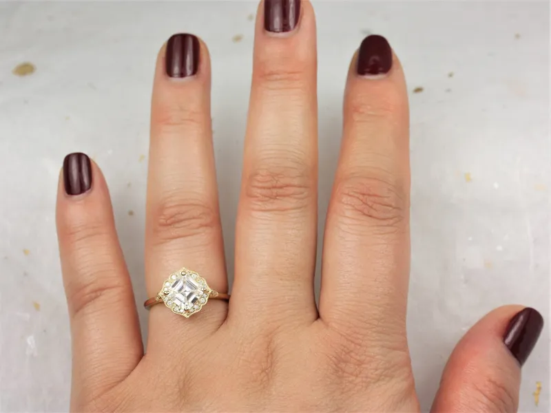 1.30ct Leena 6.5mm 14kt Gold Moissanite Diamond WITH Milgrain Art Deco Asscher Kite Halo Ring vy 6