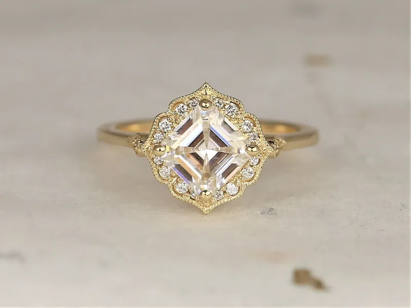 1.30ct Leena 6.5mm 14kt Gold Moissanite Diamond WITH Milgrain Art Deco Asscher Kite Halo Ring vy 3