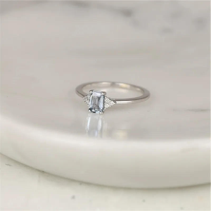 0.59ct Ready to Ship Jada 14kt White Gold Cornflower Blue Sapphire Diamonds Cluster Ring blue sapphire emerald cut engagement ring