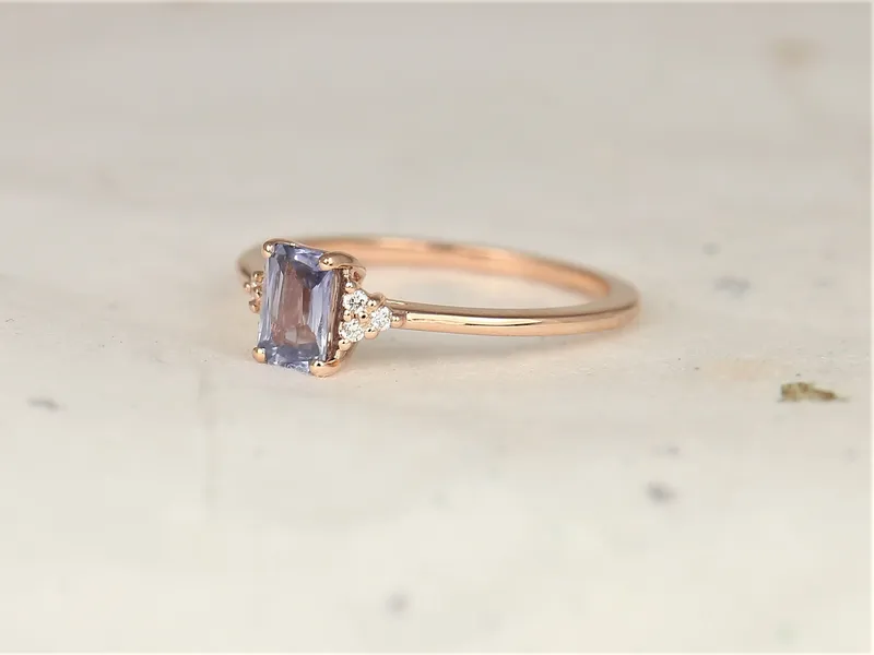 0.64ct Ready to Ship Jada 14kt Rose Gold Cornflower Blue Sapphire Diamonds Emerald Cluster Ring blue sapphire emerald cut engagement ring