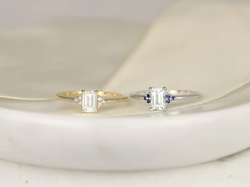 0.50ct Jada 6x4mm 14kt Solid Gold Moissanite Diamonds Emerald Cluster 3 Stone Engagement Ring view 6