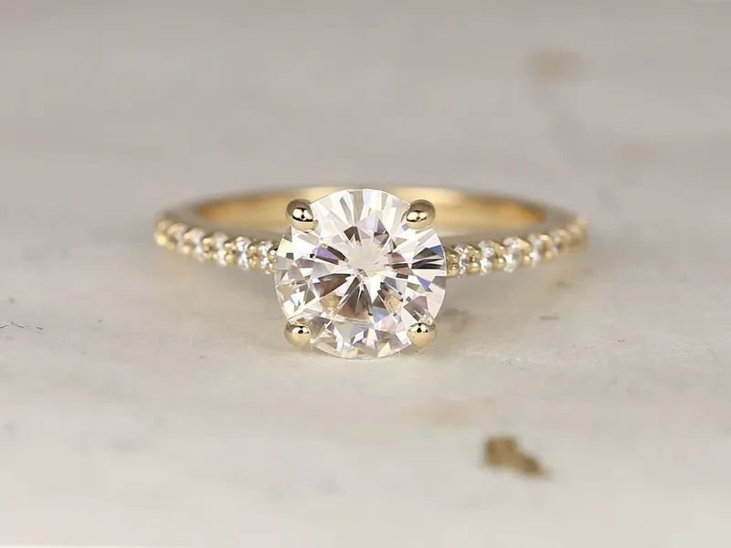 2ct Selma 8mm 14kt Gold Moissanite Diamond Cathedral Pave Round Solitaire Ring vy 3