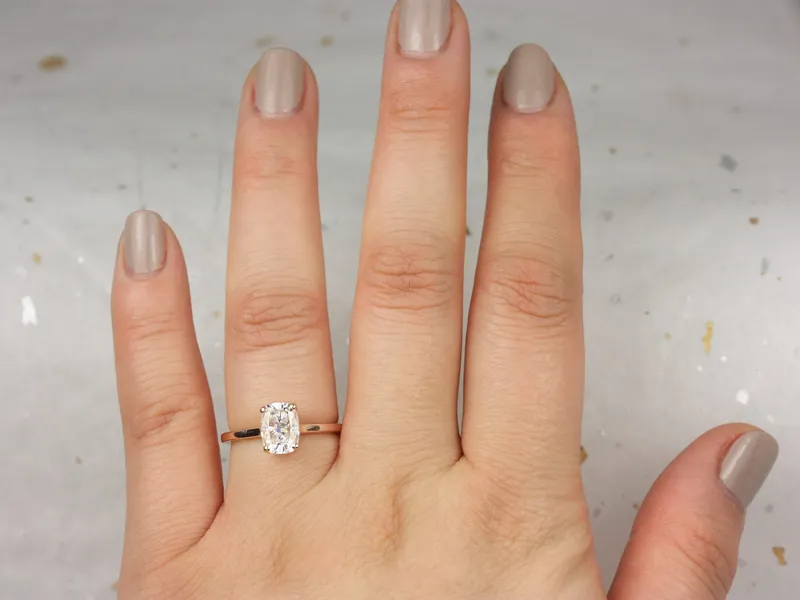 1.50ct Darla 8x6mm 14kt Rose Gold Forever One Moissanite Minimalist Cathedral Elongated Cushion Solitaire Engagement Ring view 5