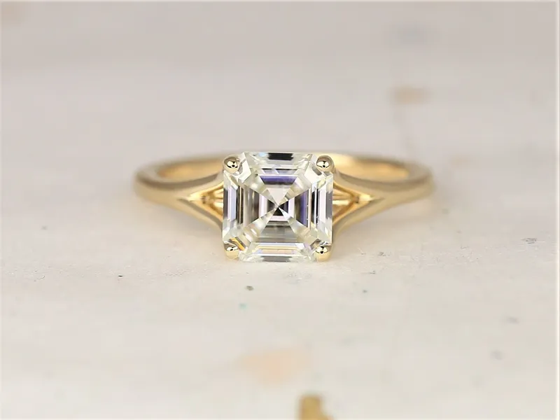 1.50cts Kenzie 7mm 14kt Gold Moissanite Mermaid Split Asscher Solitaire Ring vy 5