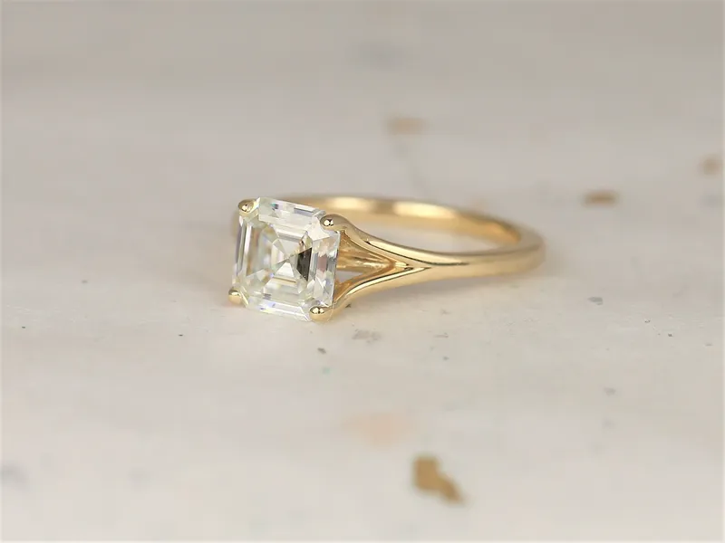 1.50cts Kenzie 7mm 14kt Gold Moissanite Mermaid Split Asscher Solitaire Ring vy 4