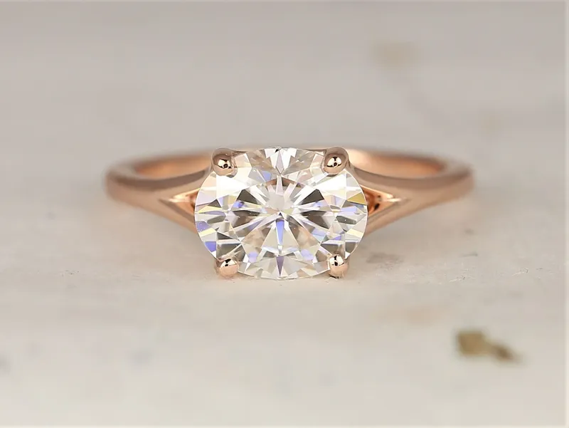 2ct Margo 9x7mm 14kt Rose Gold Moissanite Mermaid Split East West Oval Solitaire Ring oval cut engagement ring