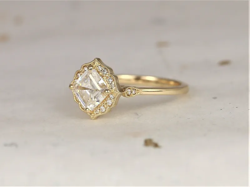 1.30ct Leena 6.5mm 14kt Gold Moissanite Diamond WITH Milgrain Art Deco Asscher Kite Halo Ring vy 2
