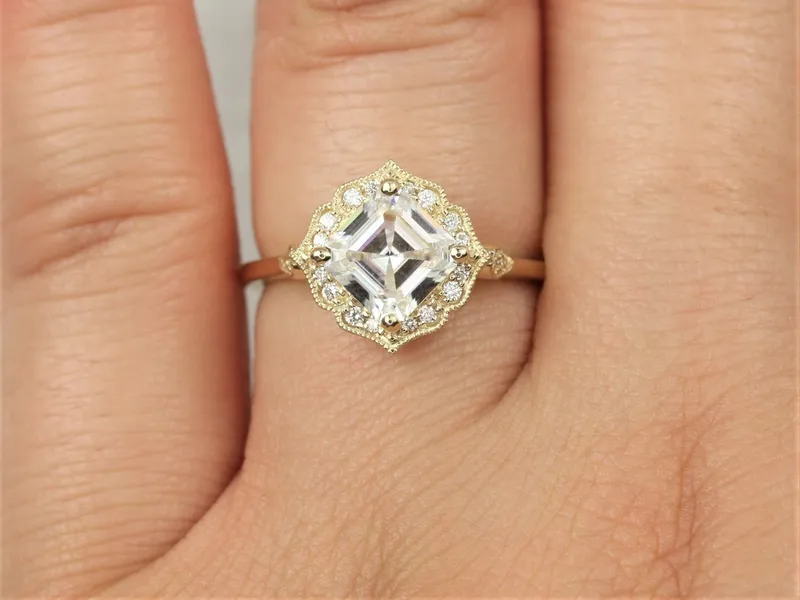 1.30ct Leena 6.5mm 14kt Gold Moissanite Diamond WITH Milgrain Art Deco Asscher Kite Halo Ring vy 5