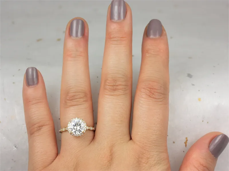 2ct Georgia 8mm 14kt Gold Moissanite Diamond WITH Milgrain Art Deco Round Halo Ring view 2