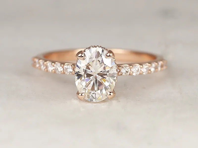 1.50ct Vera 8x6mm 14kt Rose Gold Moissanite Diamond Scarf Oval Halo Solitaire Ring vy 2