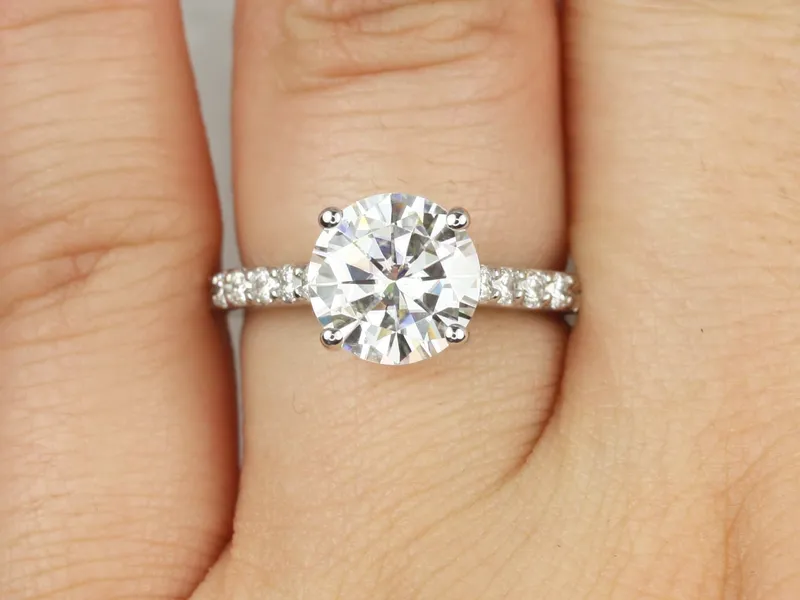 2.70ct Tracy 9mm 14kt White Gold Forever One Moissanite Diamond Minimalist Pave Solitaire Cathedral Round Engagement Ring view 3