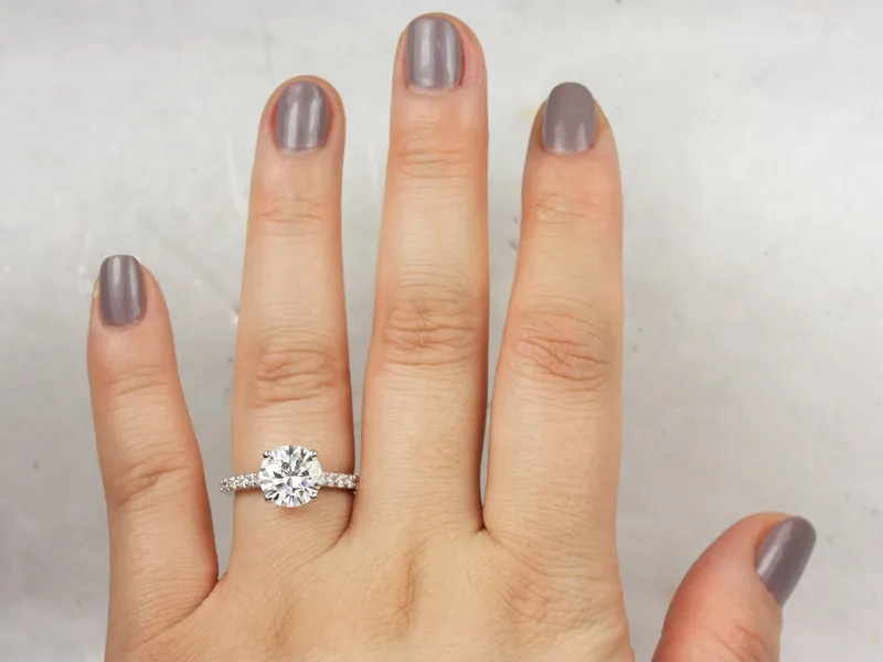 2.70ct Tracy 9mm 14kt White Gold Forever One Moissanite Diamond Minimalist Pave Solitaire Cathedral Round Engagement Ring view 4