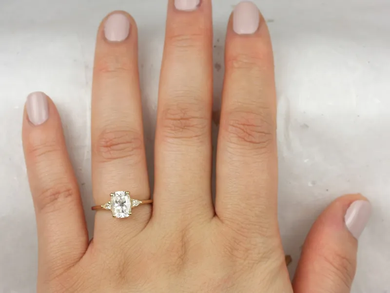 1.50cts Petite Ellis 8x6mm 14kt Solid Gold Moissanite Diamond Elongated Cushion 3 Stone Ring vy 6