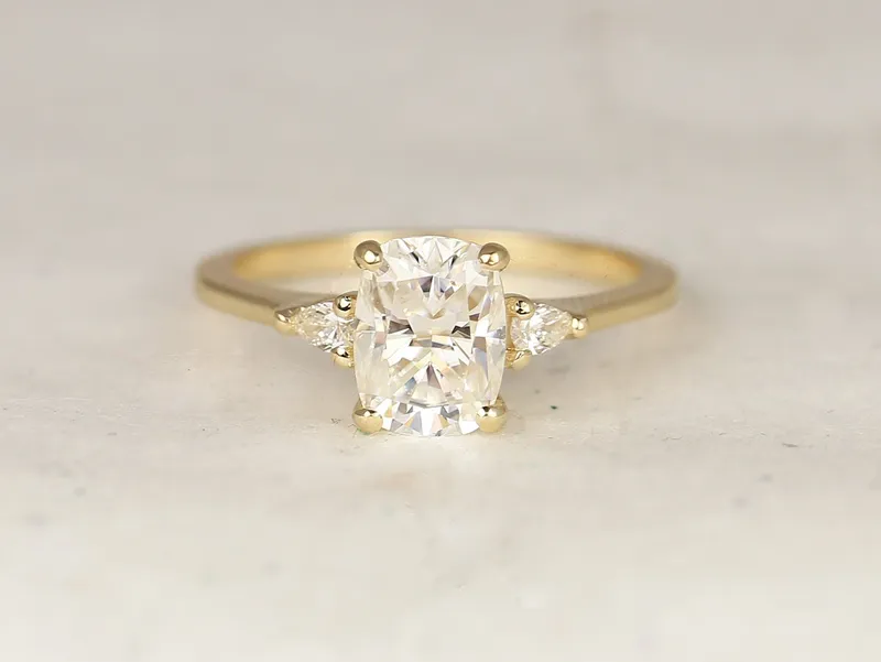 1.50cts Petite Ellis 8x6mm 14kt Solid Gold Moissanite Diamond Elongated Cushion 3 Stone Ring vy 2