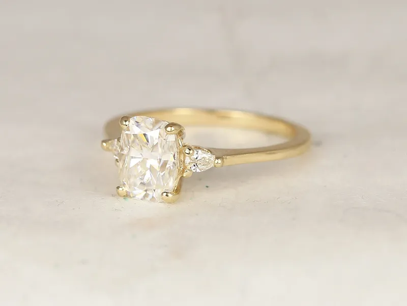1.50cts Petite Ellis 8x6mm 14kt Solid Gold Moissanite Diamond Elongated Cushion 3 Stone Ring vy 3