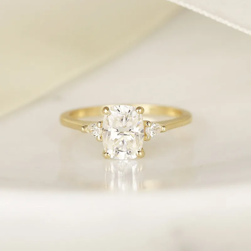 1.50cts Petite Ellis 8x6mm 14kt Solid Gold Moissanite Diamond Elongated Cushion 3 Stone Ring cushion cut engagement ring