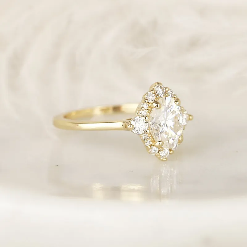 1.50cts Nola 8x6mm 14kt Gold Moissanite Diamonds 3 Stone Oval Halo Ring view 3