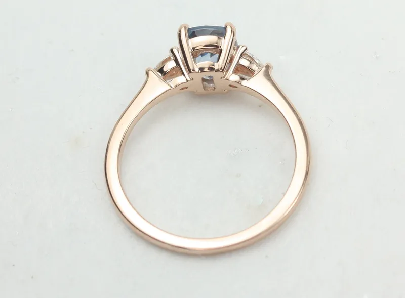 1.67ct Ready to Ship Petite Ellis 14kt Rose Gold Cornflower Blue Sapphire Diamond Elongated Cushion 3 Stone Ring vy 4